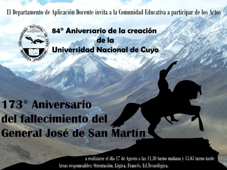 imagen Invitación a los actos por el "173° Aniversario del Fallecimiento del General San Martín" y "84° Aniversario de la UNCUYO"