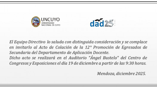 imagen Invitación al Acto de Colación de la 12va. Promoción de Egresados del Departamento de Aplicación Docente