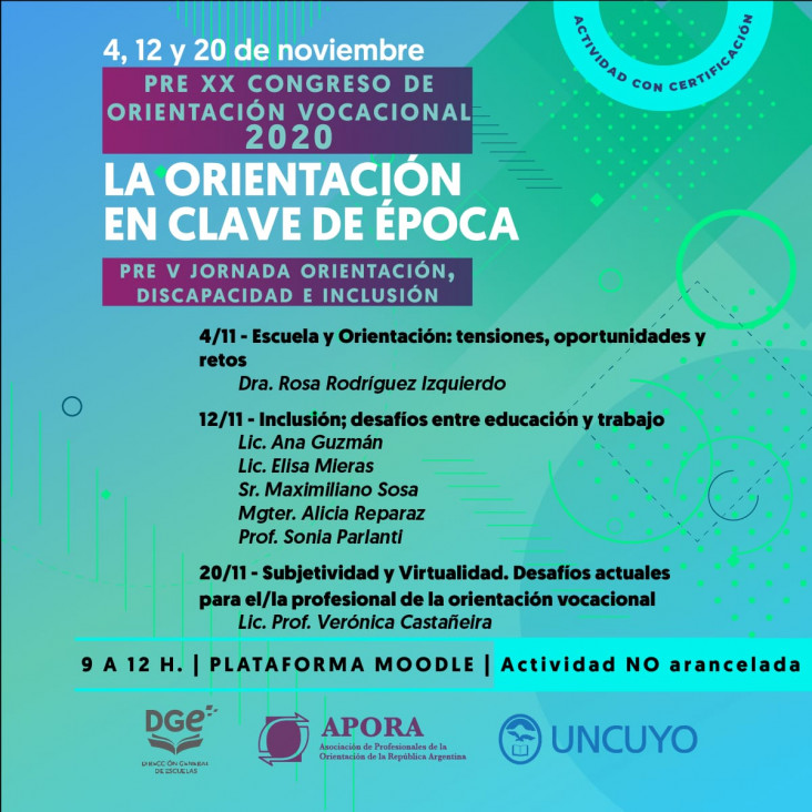 imagen Evento: Pre XX Congreso de Orientación Vocacional : "La orientación en clave de época" y Pre V Jornada de Orientación, Discapacidad e Inclusión