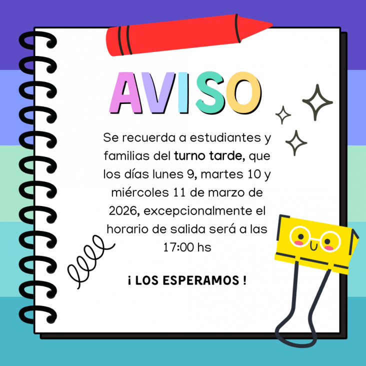 imagen Salida anticipada del turno tarde para los días 9, 10 y 11 de marzo de 2026