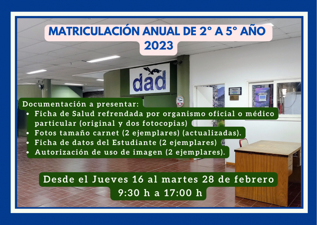 imagen Matriculación anual de 2° a 5° año. Ciclo Lectivo 2023